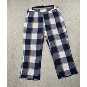 Plaid Polyester Checkered Pants Navy Blue/Brown Colorway Wide Leg Zip Closure